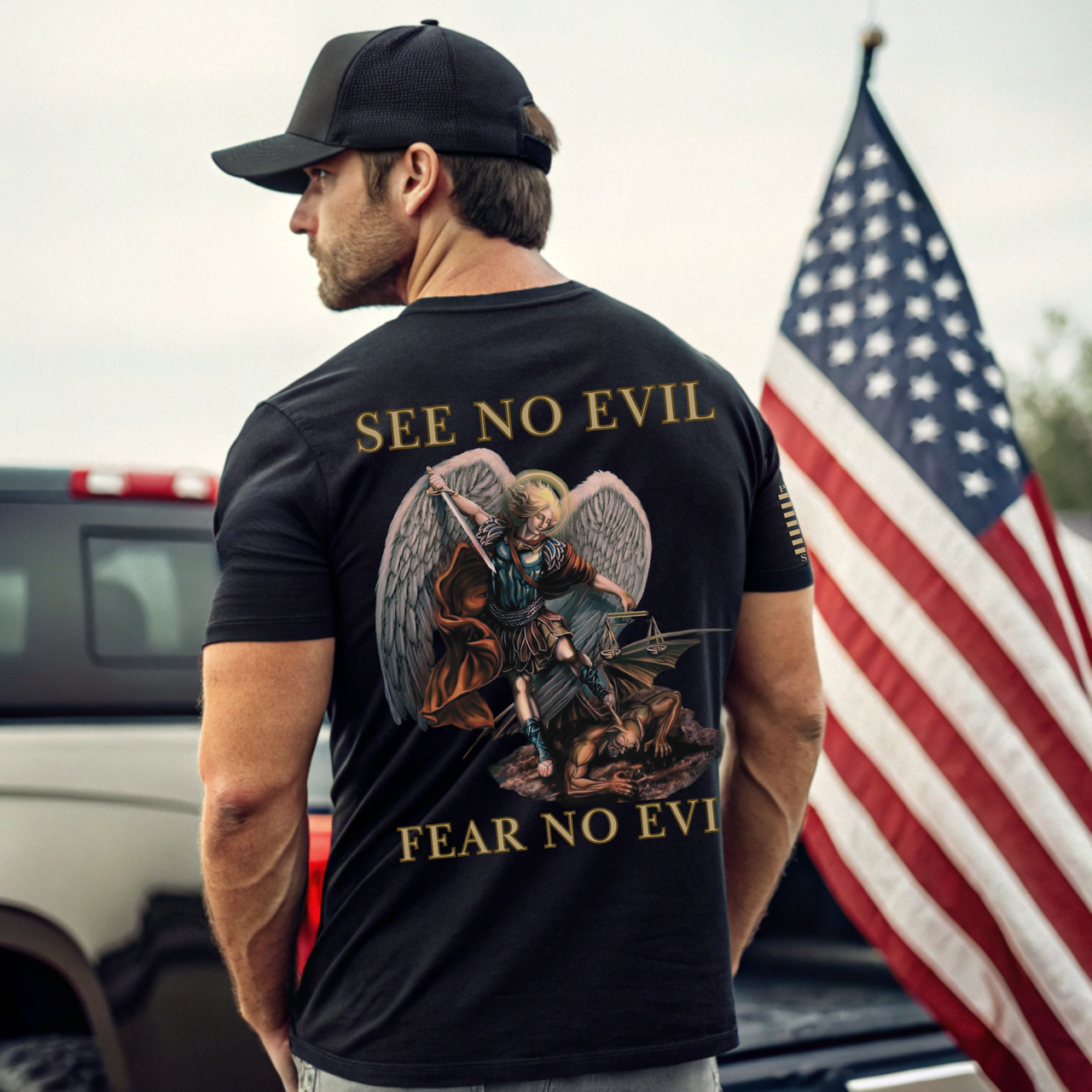 Fear No Evil T-Shirt showcasing strength and courage in our Christian faith.