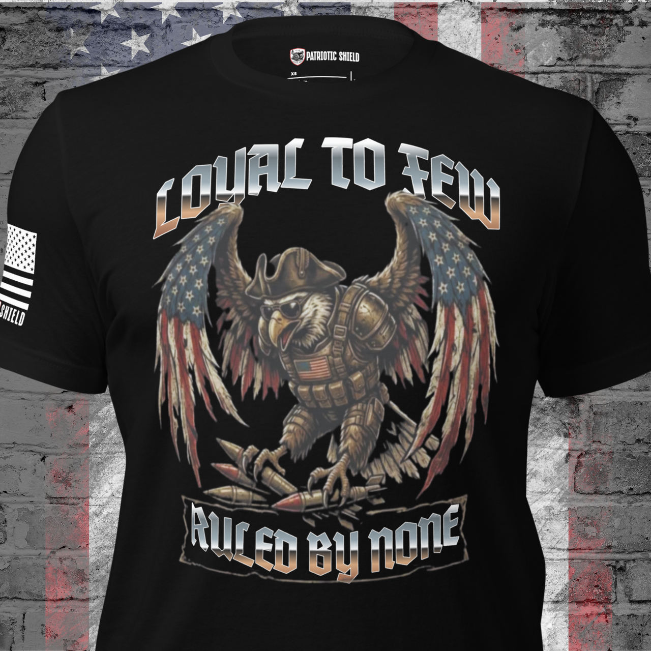 Flying Solo pro-American t-shirt featuring a gritty bald eagle soldier graphic