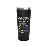 Close-up of rugged American Freedom patriotic tumbler for everyday warriors