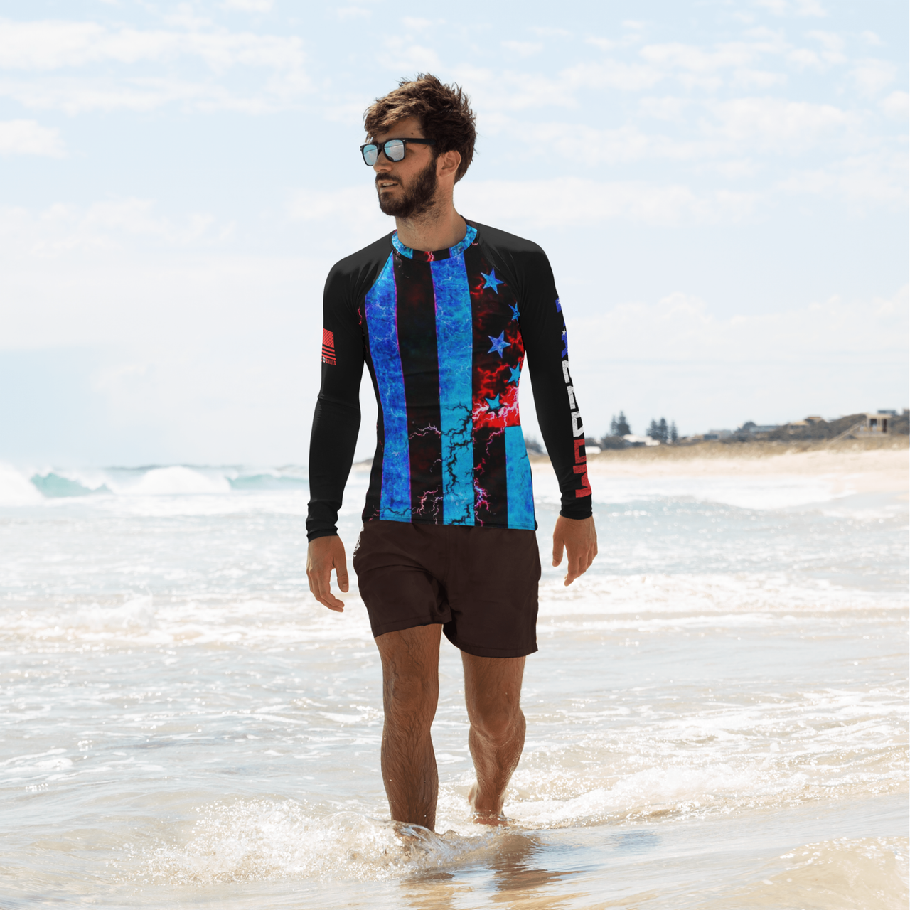 patriotic rash guard with freedom sleeve design and UPF 50 sun protection