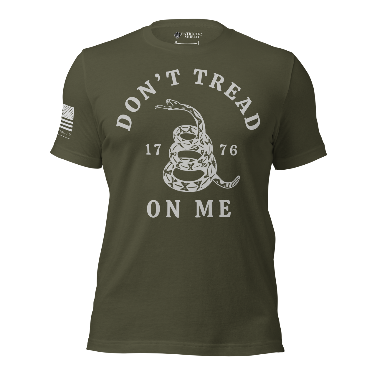 Veteran-family-owned Gadsden Flag T-shirt for patriotic women. Military Green