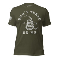 Thumbnail for Veteran-family-owned Gadsden Flag T-shirt for patriotic women. Military Green
