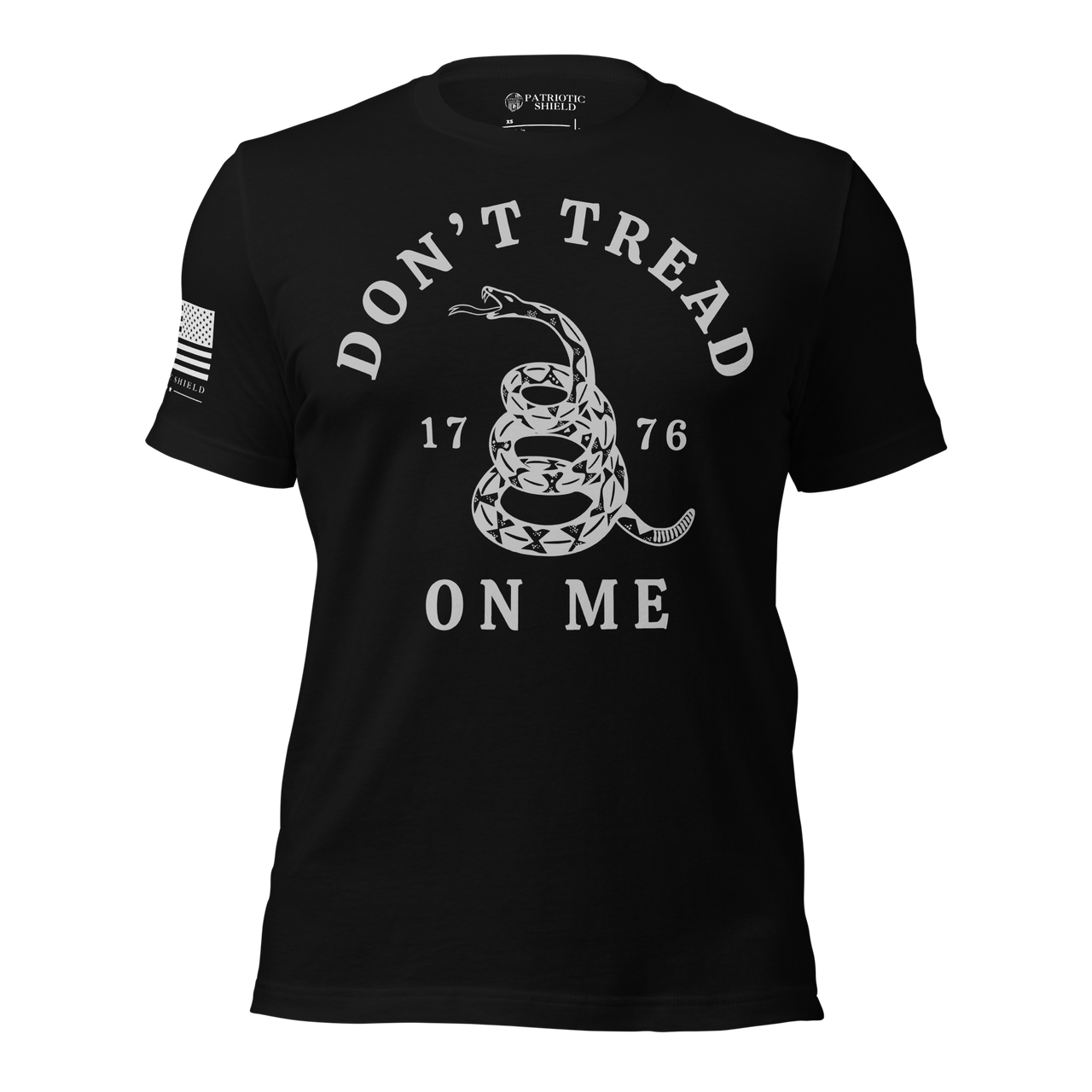 Defiant Gadsden Flag T-shirt with patriotic Don’t Tread on Me design. Black