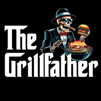 graphic design of 'The Grillfather' logo with a skeleton in a suit holding a grill and burger on a black background.