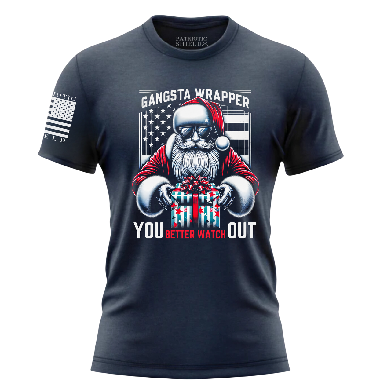 Cool Christmas Graphic Tee – Santa with Shades & patriotic attitude. navy