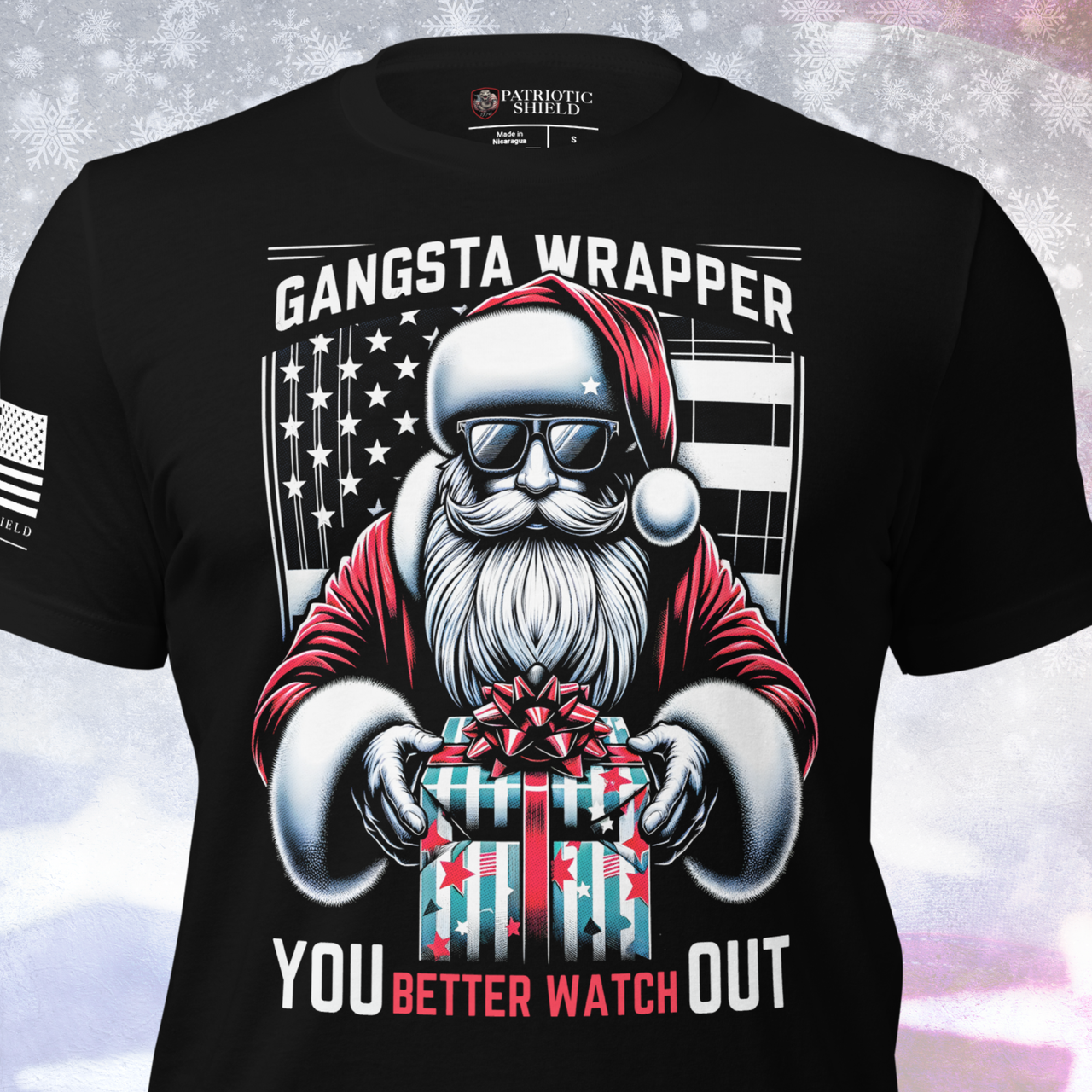Gangster Wrapper Patriotic Christmas T-Shirt – Funny Santa USA Tee