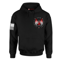 Thumbnail for Front view of the 'Family, God, Country' hoodie highlighting the winged cross and text, printed on soft, durable fabric.