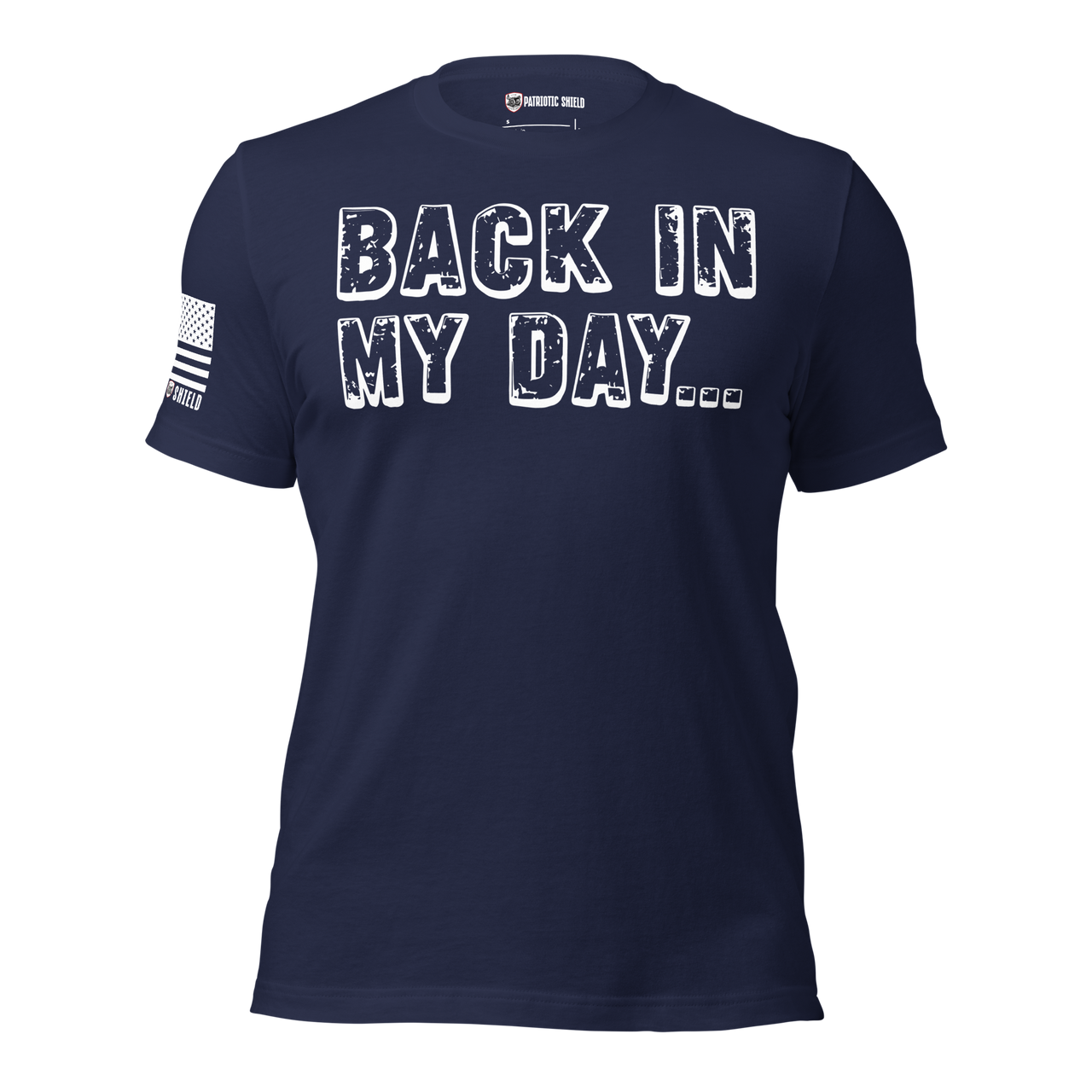 Funny old-school American graphic shirt. navy