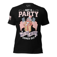 Fourth of July BBQ party shirt with bold patriotic grilling party humor 