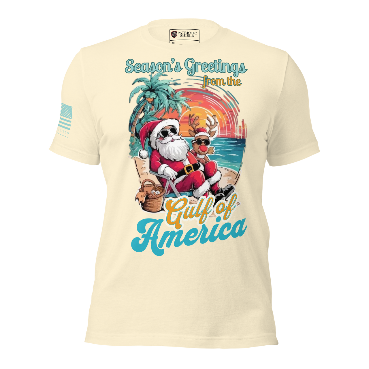 Red White and Blue Santa Beach Holiday Tee for freedom loving patriots. natural