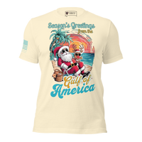 Red White and Blue Santa Beach Holiday Tee for freedom loving patriots. natural