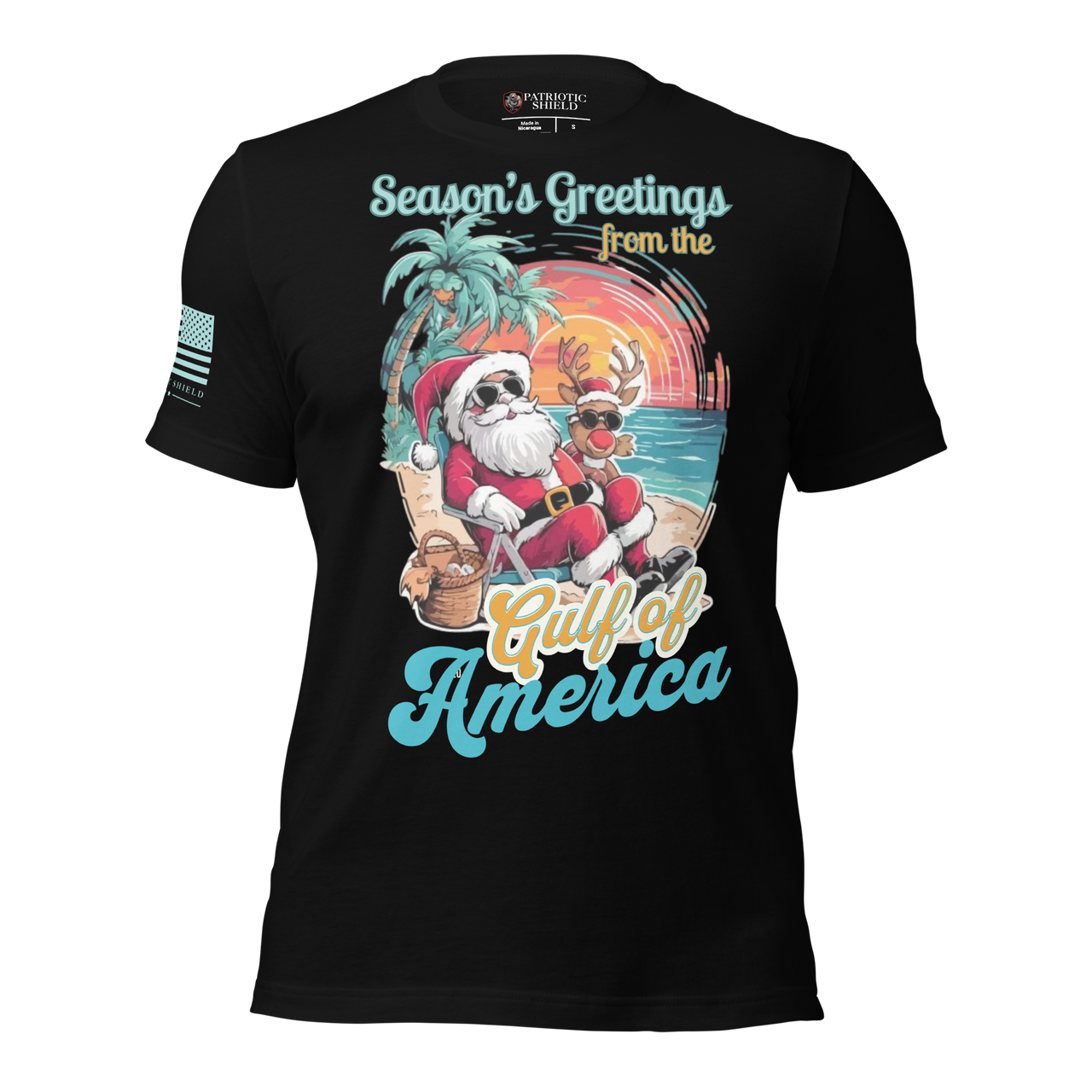 Veteran family-owned Christmas Shirt with Santa by the Ocean. black