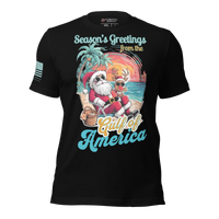 Veteran family-owned Christmas Shirt with Santa by the Ocean. black