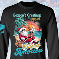 Black long-sleeve shirt with a tropical Santa Claus and reindeer design on a blue background.