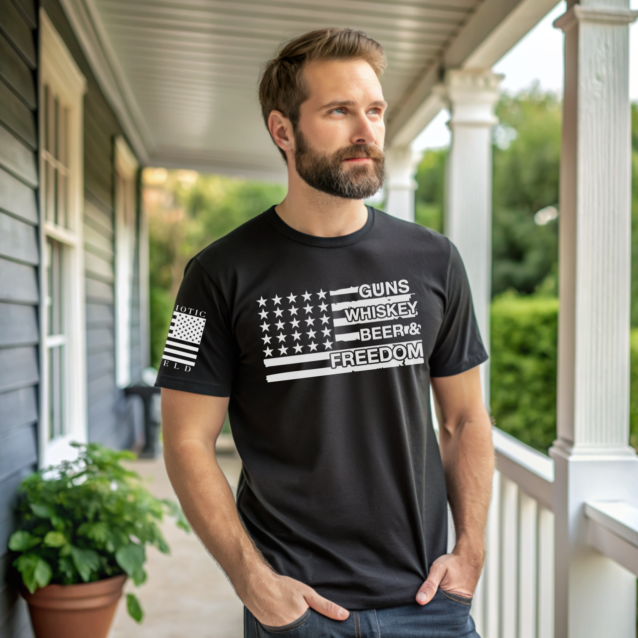 Tough Guns, Whiskey, Beer, and Freedom T-Shirt for patriots