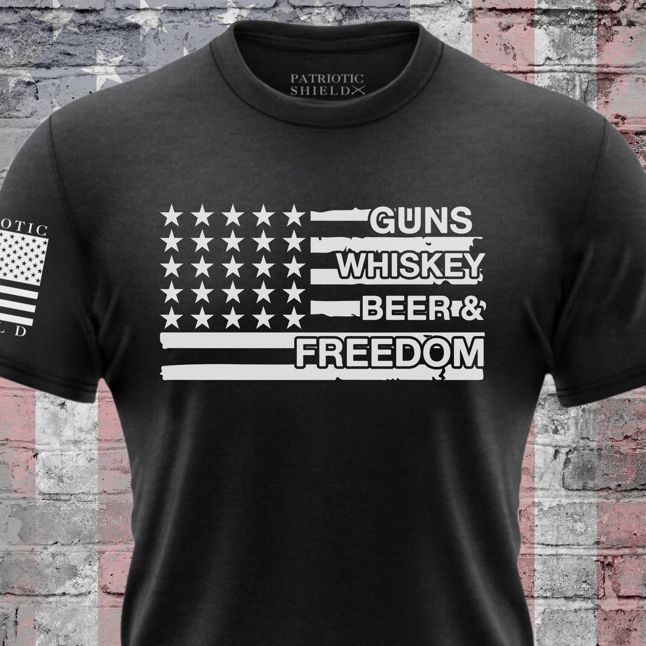 Comfortable patriotic T-Shirt celebrating guns, whiskey, beer, and freedom