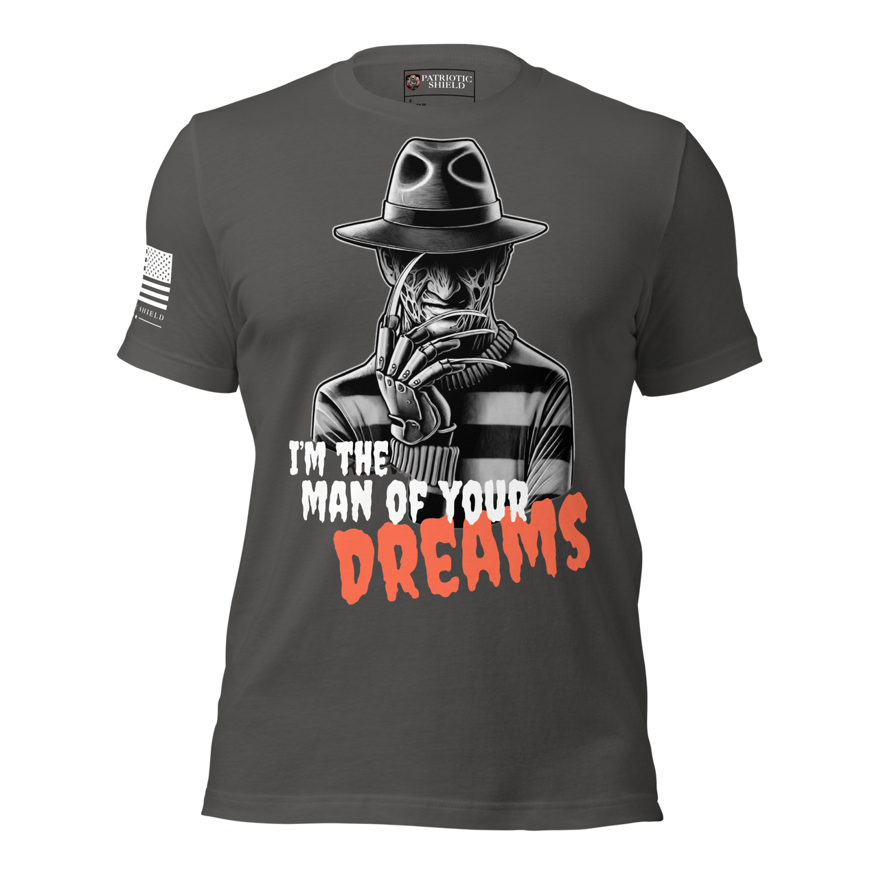 slasher movie Freddy American flag graphic t-shirt. asphalt