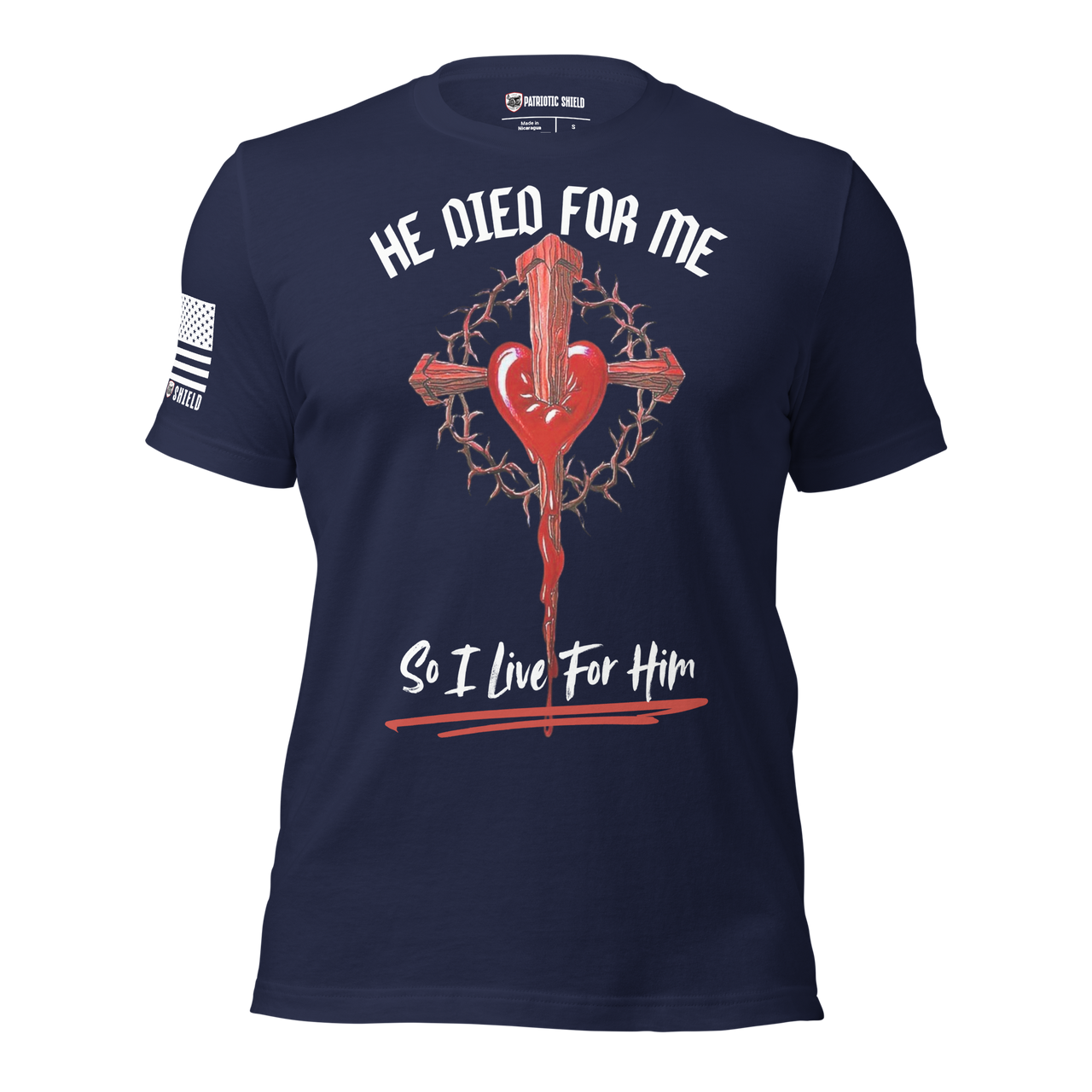 Religious Christian tee with bold He Died for Us message. navy