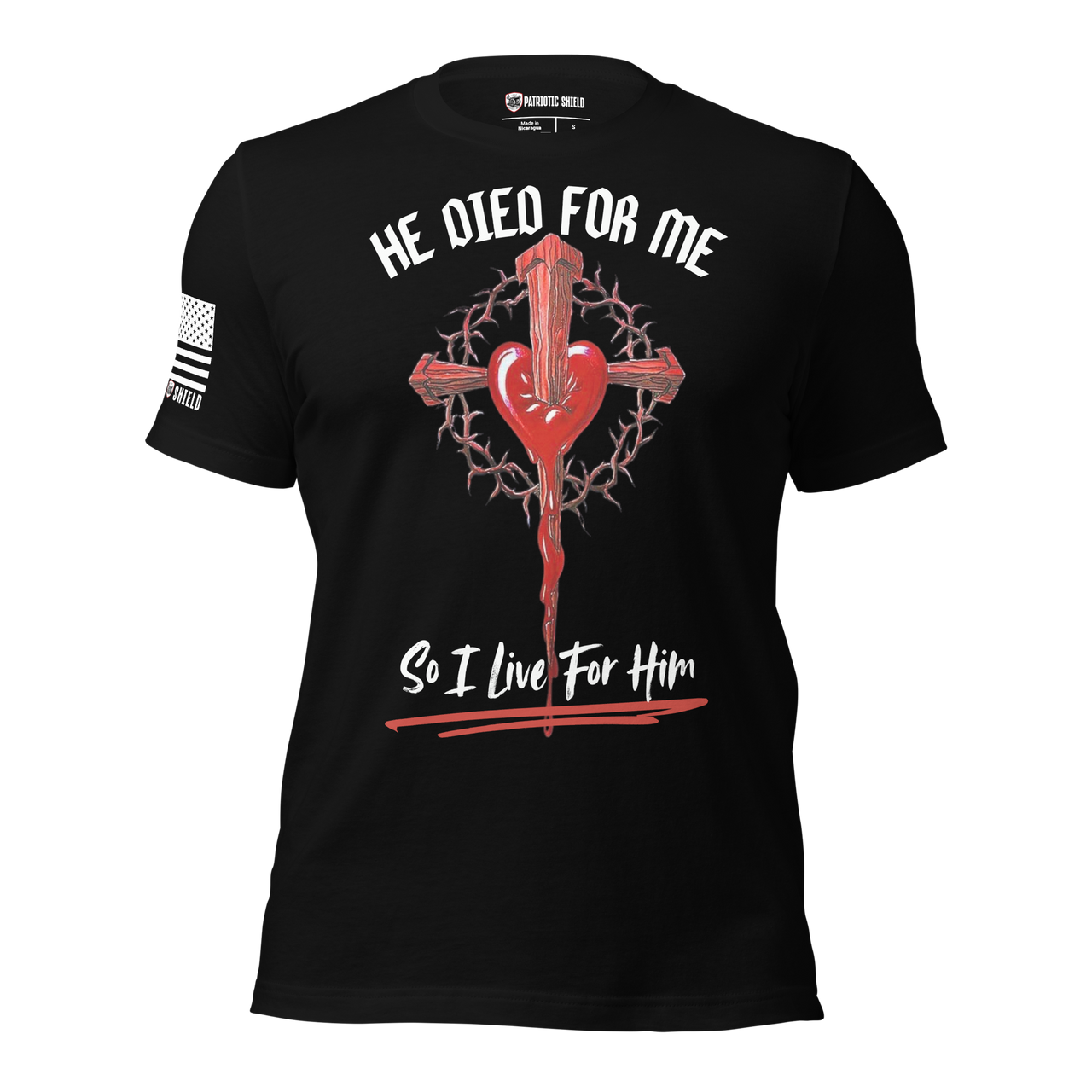 Christian warrior shirt symbolizing faith, freedom, and sacrifice. black