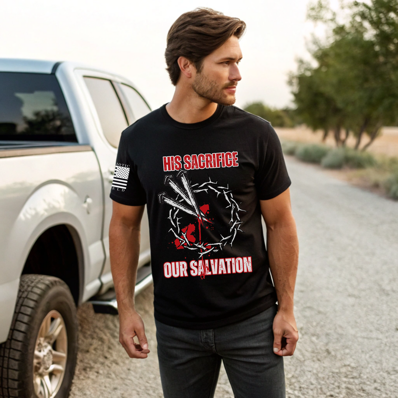 Comfortable His Sacrifice, Our Salvation T-Shirt for Catholic believers.