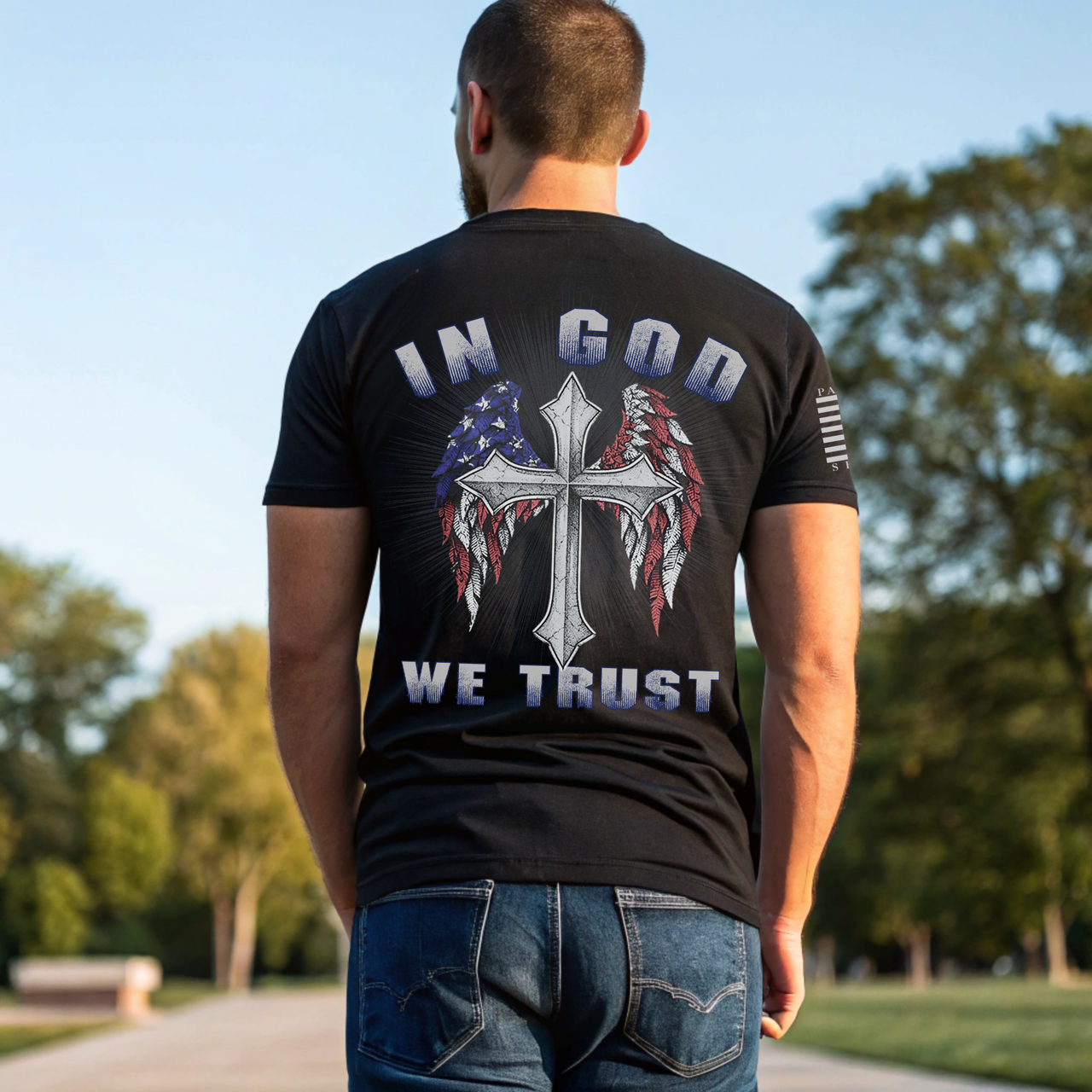 Patriotic warrior wearing In God We Trust faith based T-shirt