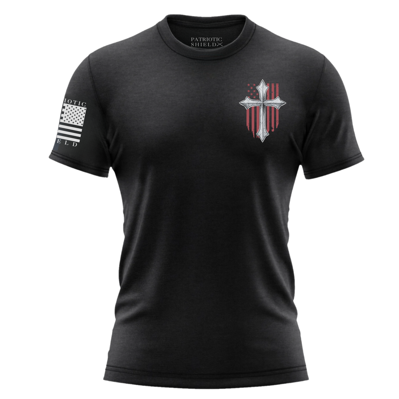 Front view of In God We Trust T-shirt with American flag and cross.