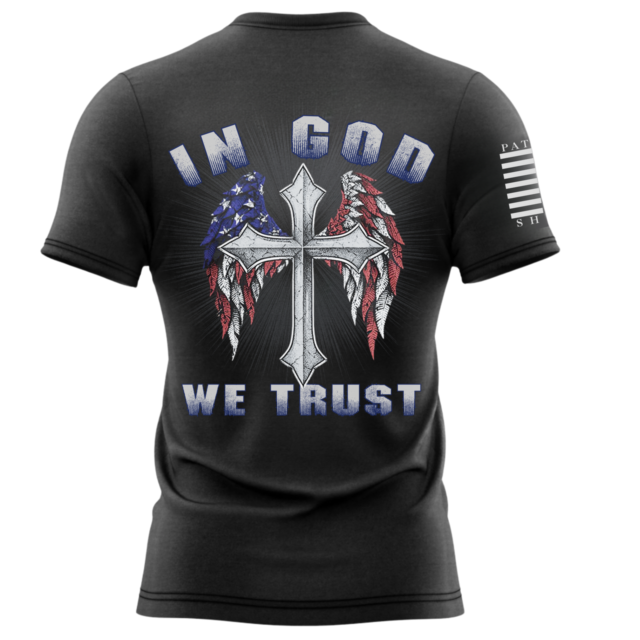 Close-up of the In God We Trust design on the back of a premium cotton T-shirt, perfect for your belief in God and country.