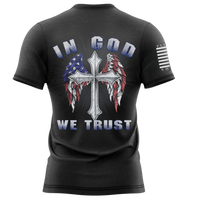 Thumbnail for Close-up of the In God We Trust design on the back of a premium cotton T-shirt, perfect for your belief in God and country.