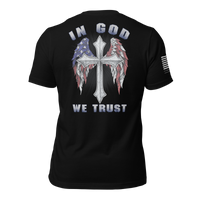 Thumbnail for Close-up of the In God We Trust design on the back of a premium cotton T-shirt, perfect for your belief in God and country.
