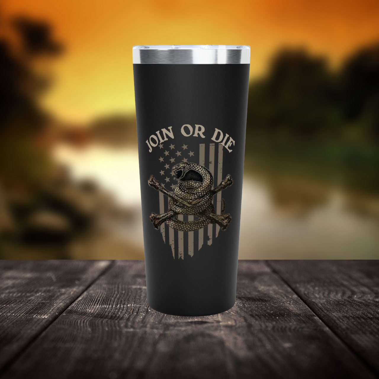 Patriotic stainless steel tumbler featuring Join or Die graphic 