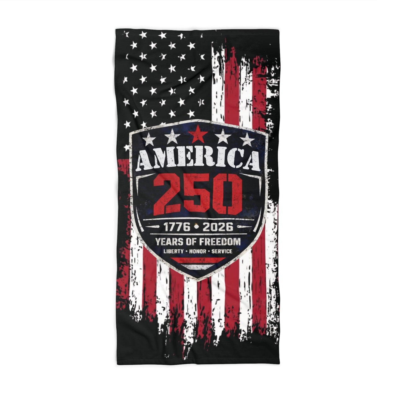 patriotic Towel with distressed American flag design and 'America 250' text on a white background