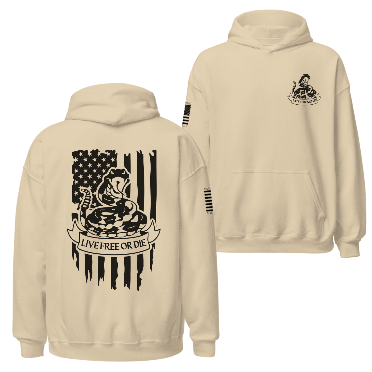 Right breast of the 'Live Free or Die' hoodie displaying a small, coiled snake design for a bold yet understated patriotic statement. This hoodie is Sand colored.