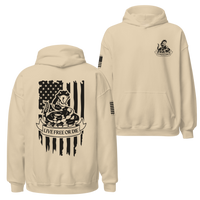 Thumbnail for Right breast of the 'Live Free or Die' hoodie displaying a small, coiled snake design for a bold yet understated patriotic statement. This hoodie is Sand colored.