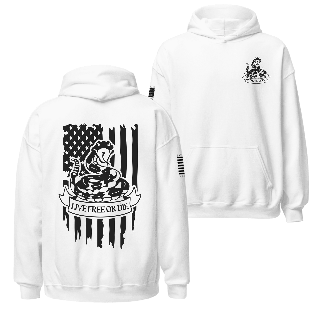 Flat lay of the 'Live Free or Die' hoodie with its iconic snake and american flag design. White hoodie