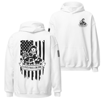 Thumbnail for Flat lay of the 'Live Free or Die' hoodie with its iconic snake and american flag design. White hoodie