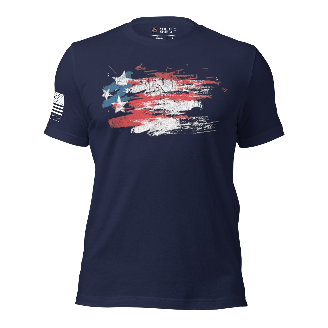 Bold Women’s Tee with Faded Painted USA Flag Design. navy