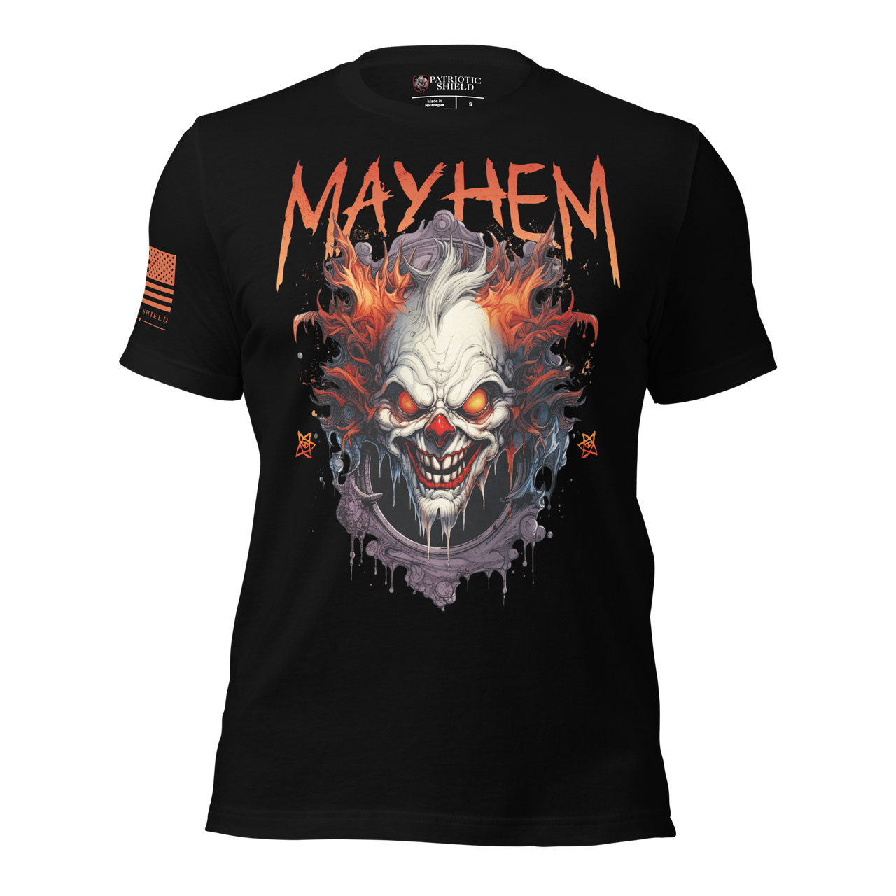 Black t-shirt with a graphic design of a clown face and 'Mayhem' text on a white background