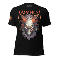 Black t-shirt with a graphic design of a clown face and 'Mayhem' text on a white background