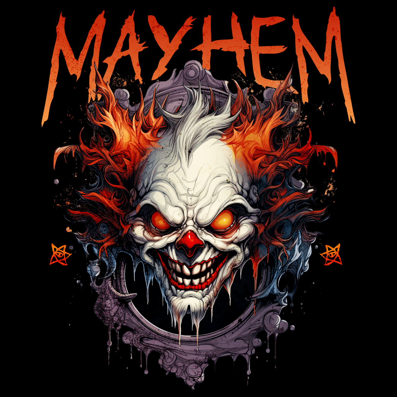 Illustration of a menacing clown face with flames and the word 'Mayhem' t-shirt design.