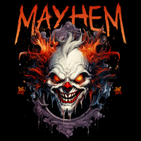 Illustration of a menacing clown face with flames and the word 'Mayhem' t-shirt design.