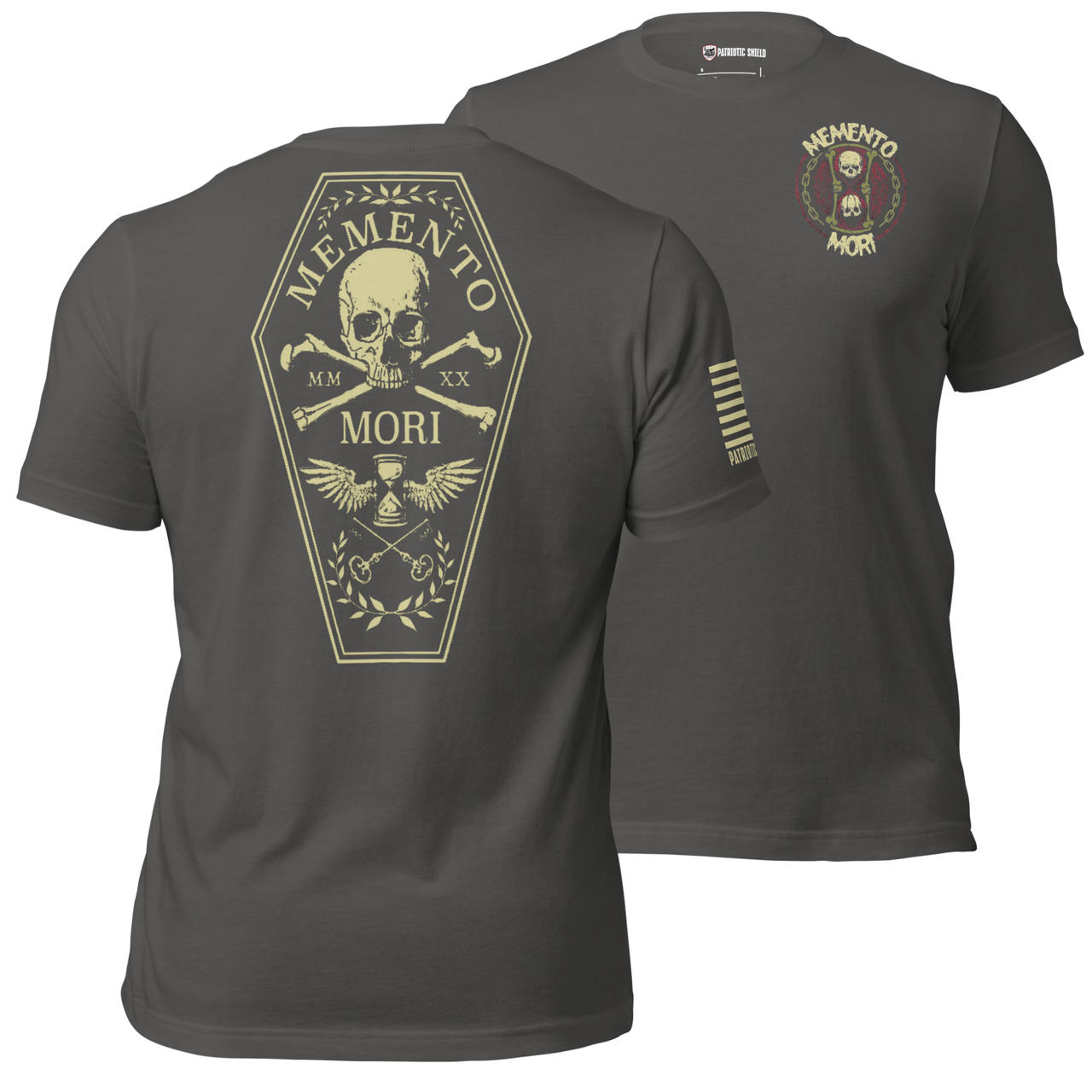 Memento Mori t-shirt for veterans and patriots. asphalt