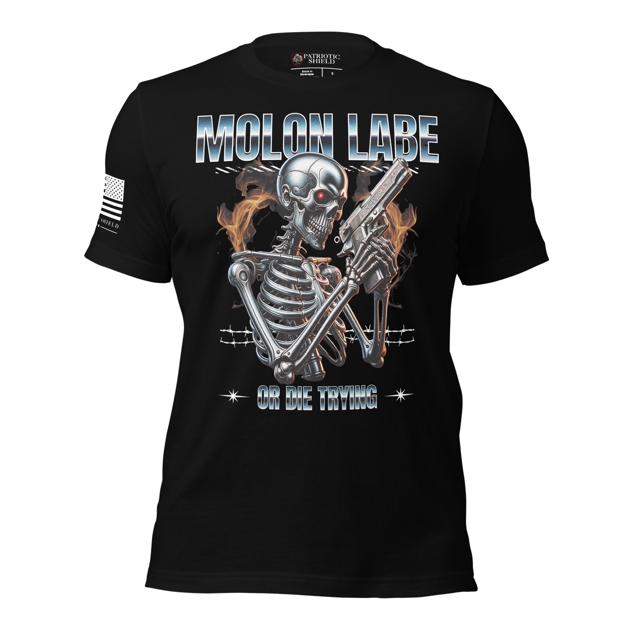 Black t-shirt with a skeleton holding a gun and 'Molon Labe' text on a white background
