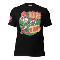 Funny Patriotic Christmas gift shirt featuring a naughty elf and playful holiday humor. black