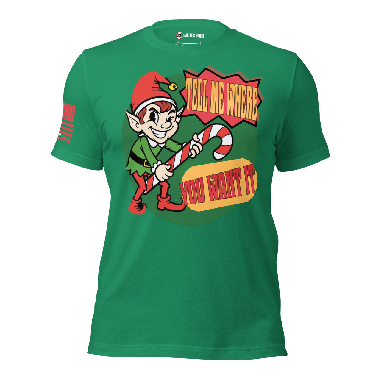 Adult Christmas humor T-shirt with cheeky elf graphic and suggestive holiday saying for freedom loving patriots. kelly
