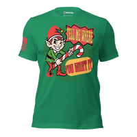 Adult Christmas humor T-shirt with cheeky elf graphic and suggestive holiday saying for freedom loving patriots. kelly
