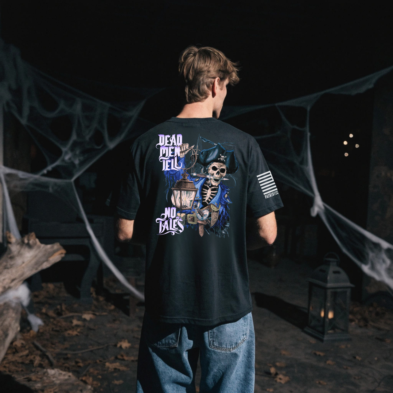 Pirate inspired Halloween t-shirt with dead man tell no tales graphic