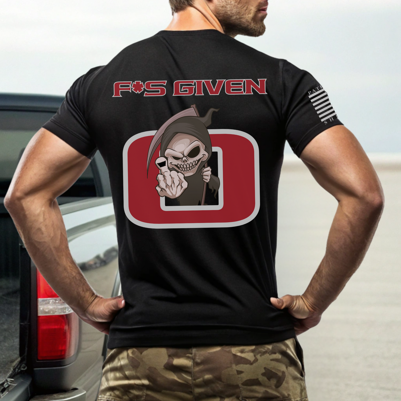 Model wearing the "F***s Given: 0" T-Shirt – perfect for proud patriots and warriors.