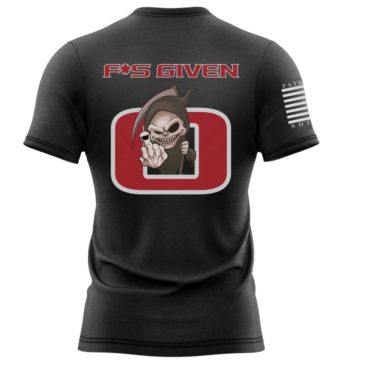 Back view of the "F***s Given: 0" T-Shirt – fearless message for unapologetic patriotic warriors. With the words F*S Given and  a zero.