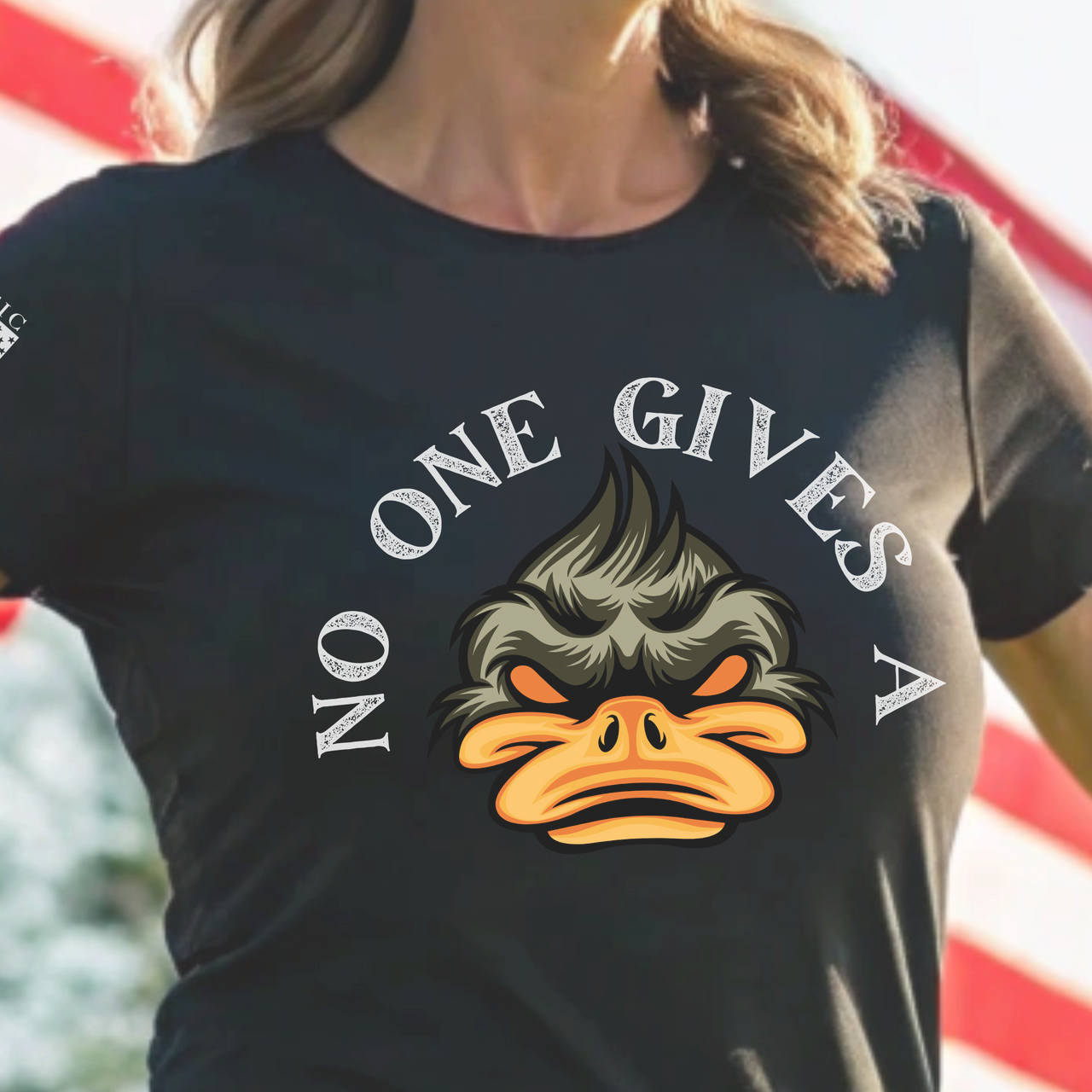 Close-up of hilarious No One Gives a Duck design on soft comfortable tee