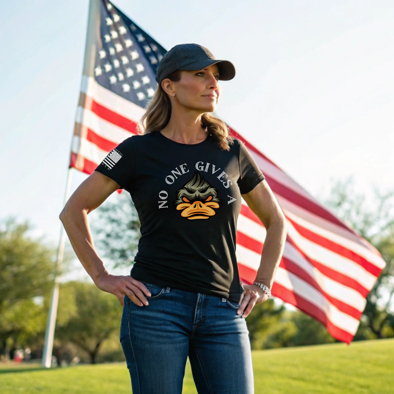 Stylish women’s patriotic T-shirt with No One Gives a Duck design